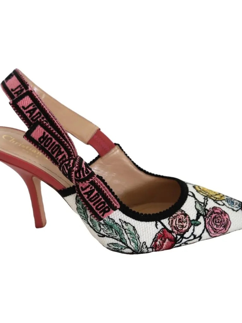 Dior Multicolor Floral Embroidered Slingback Pump with Pink Heel